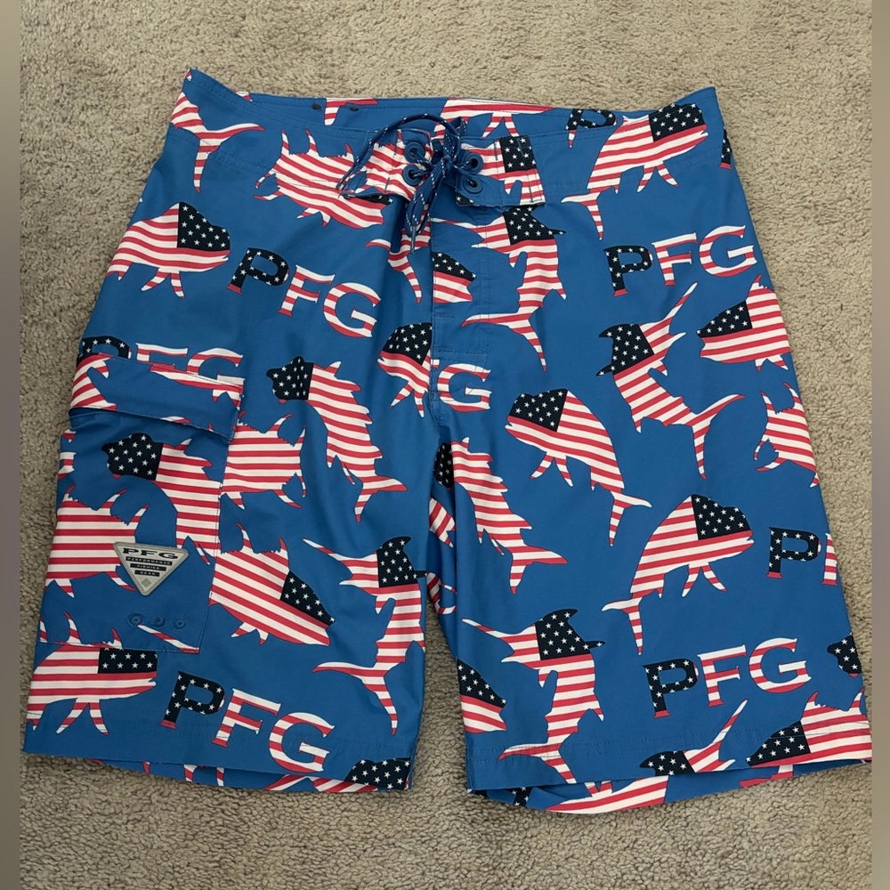 Columbia PFG Shorts Mens Blue‎ United States Flag Fishing Unlined Swim Trunks 34